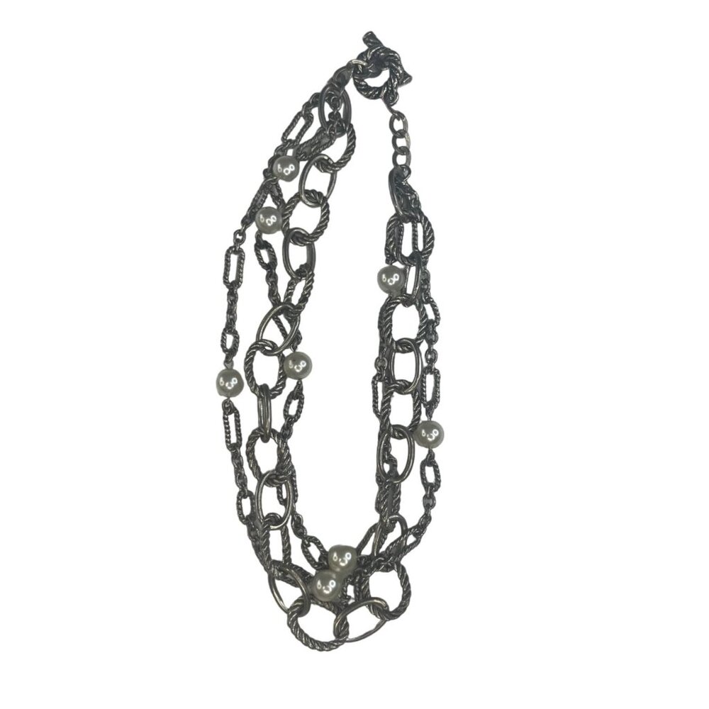 Vintage Multi-Layered Silver Chain Necklace With Faux Pearl Accents Toggle Clasp